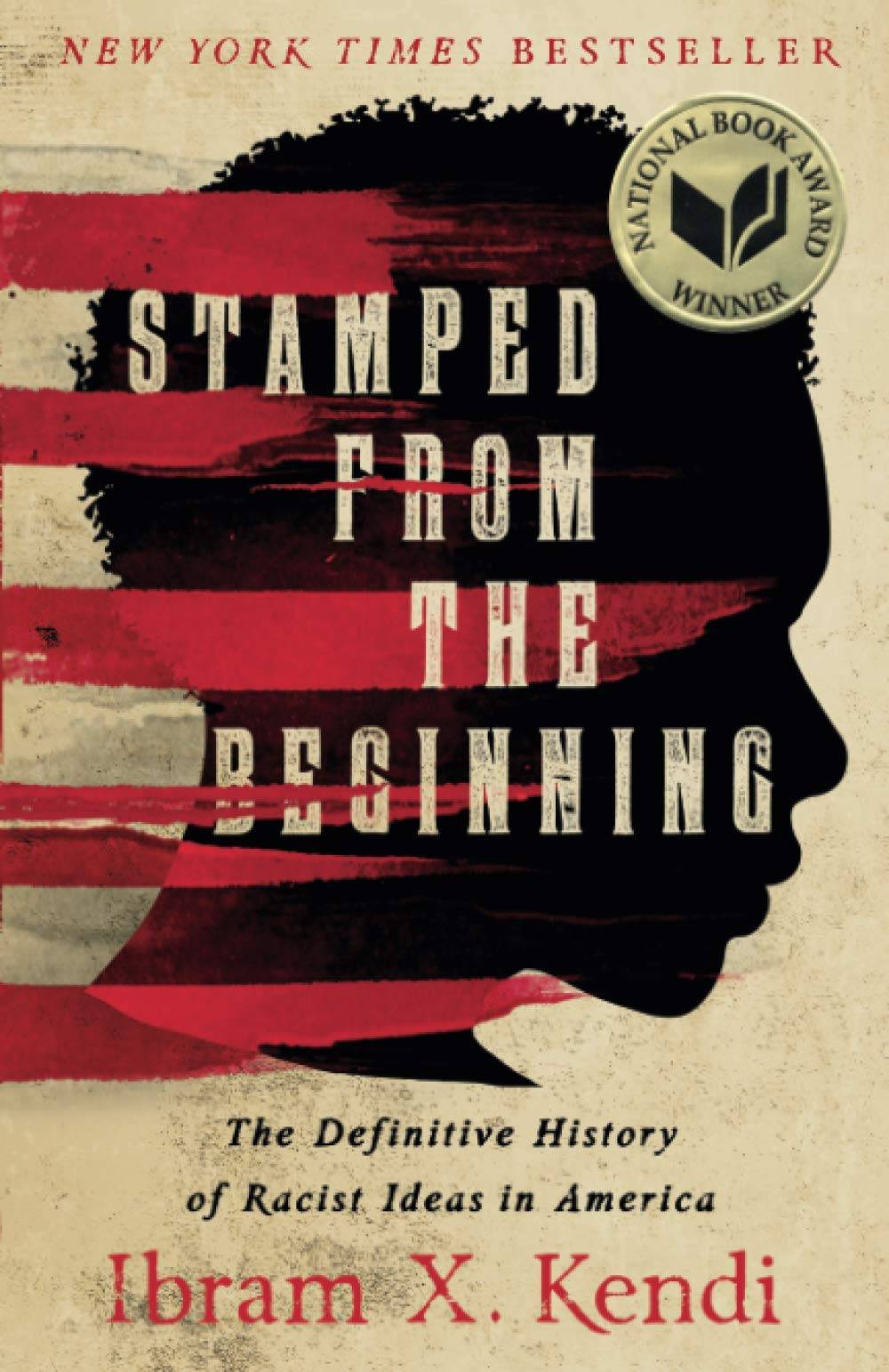Book cover with the silhouette of a person with streaked red stripes as on the American flag